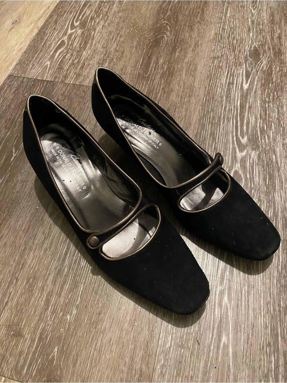 Donald J. Pliner Black Suede Mary Jane Flats with Button Strap